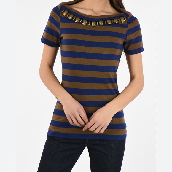 Hp 🎉BURBERRY Bronze Gem Embellished Stripe TopBATEAU NECKLINE tee shirt